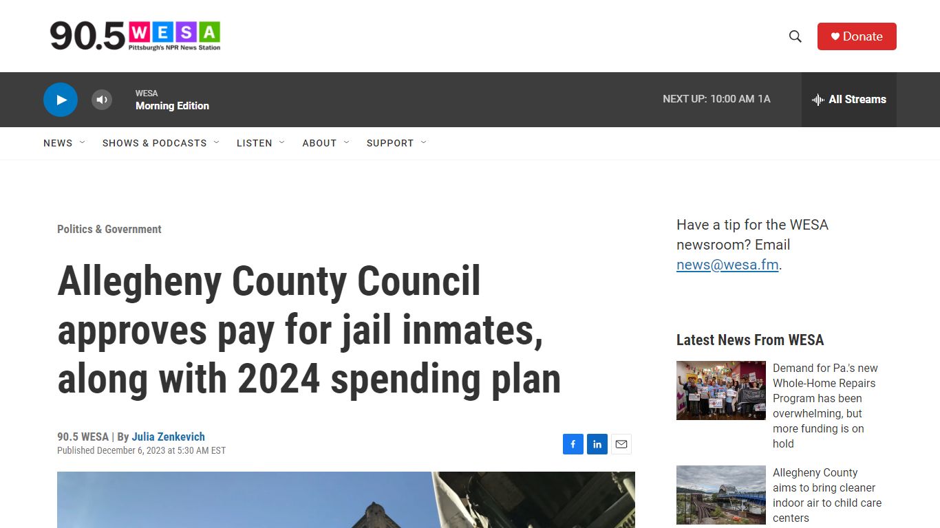 Allegheny County Council approves pay for jail inmates - 90.5 WESA